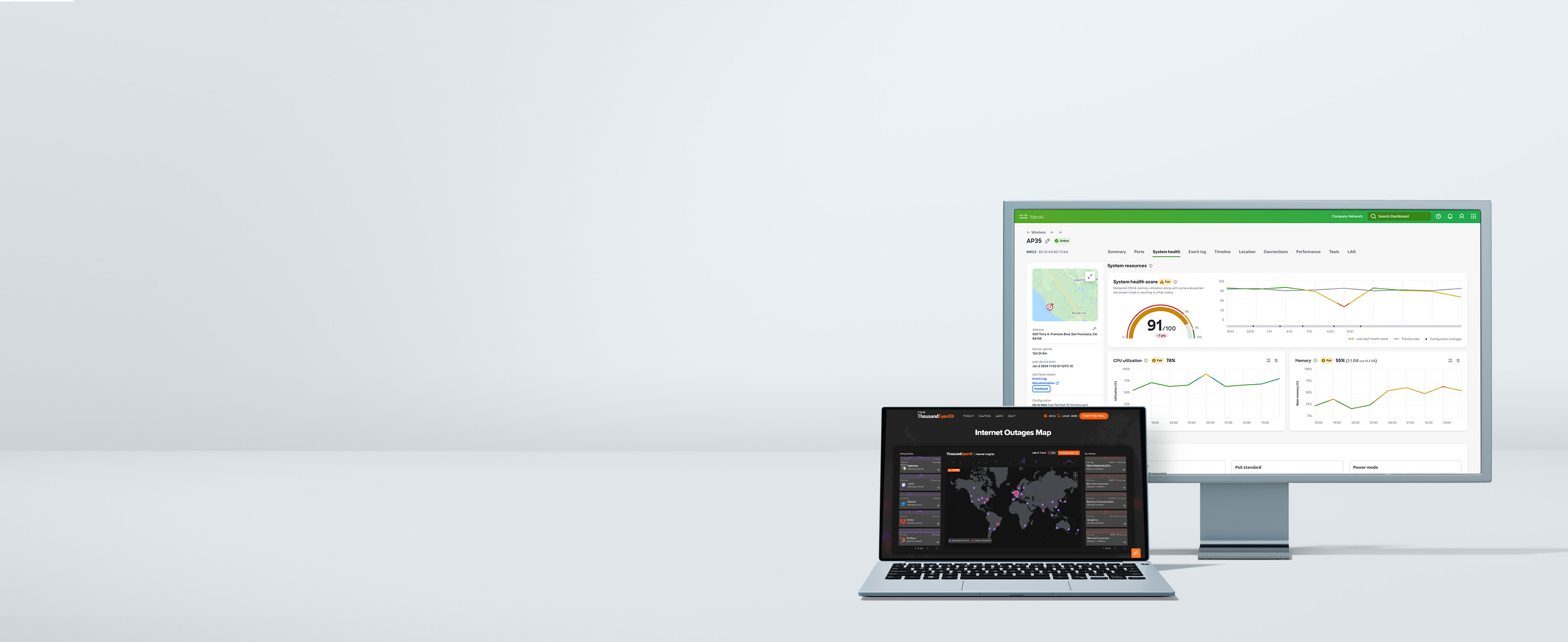 Monitor displaying Meraki Assurance overview and laptop displaying ThousandEyes Internet Outages Map