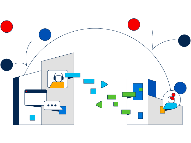 Illustration of people in buildings being protected from cyberattacks