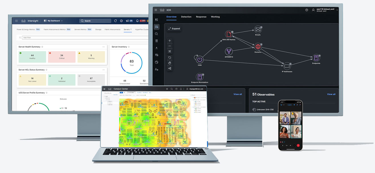 Featured software screenshots from some of Cisco's top Networking, Security, Computing, and Collaboration products